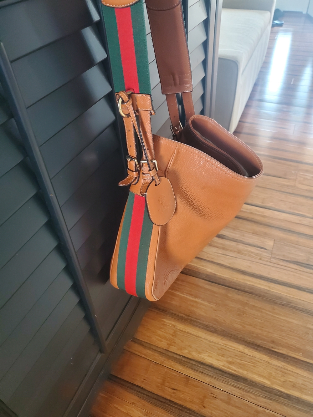 Gucci Brown Leather Shoulder Bag with Green-Red Web Strap